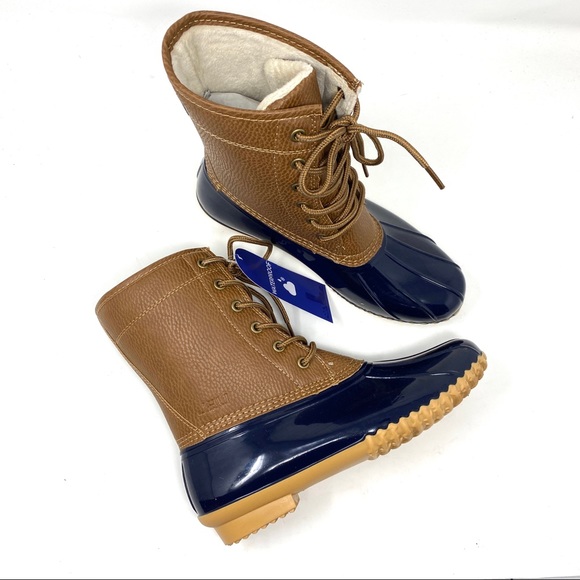New in Box Brown Navy Blue Faux Fur Vegan Leather Waterproof Duck Boots - Picture 1 of 11